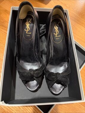 Saint Laurent Black Suede Knot Peep-Toe Heels